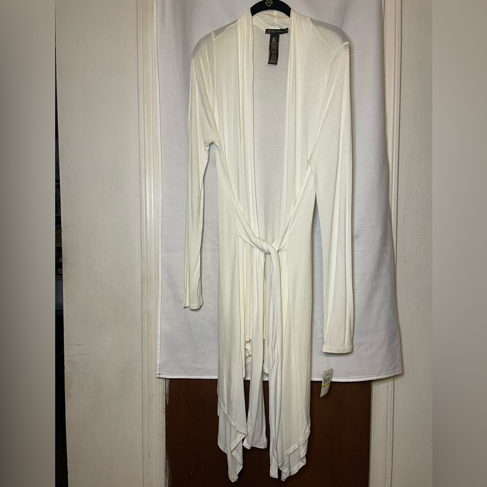 NWT Grass Jeans White Full-Length Open Front Flowy Cardigan with Tie Belt Size M